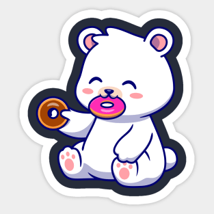 Cute Polar Bear Eating Doughnut Cartoon Sticker